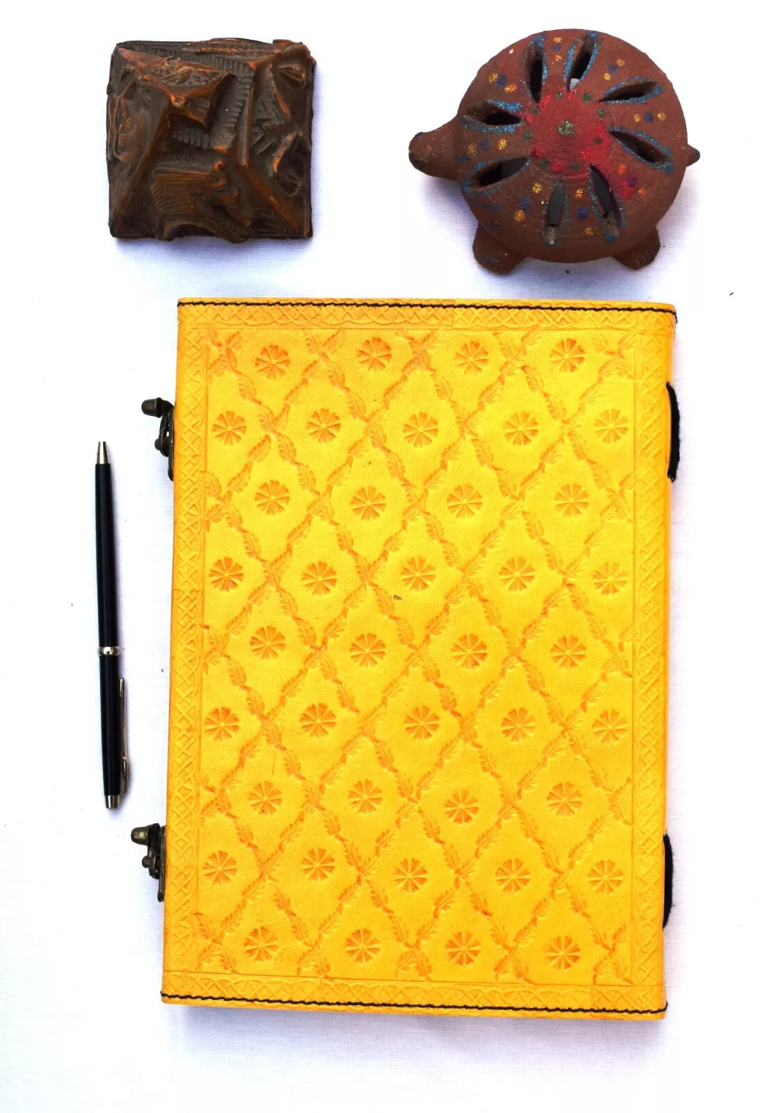 Handcrafted Embossed Design Vintage Leather Bound Journal Seven Stone Grimoire Yellow Diary Blank Notebook For Men & Women