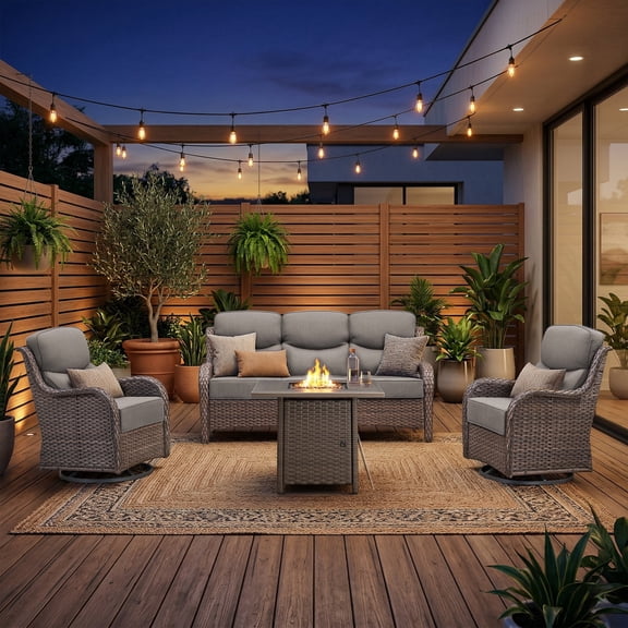 Gymojoy Wicker Patio Furniture Set with 30inch Fire Pit Table, Swivel Rocker Glider Chairs and Sofa with 6" Thick Cushion