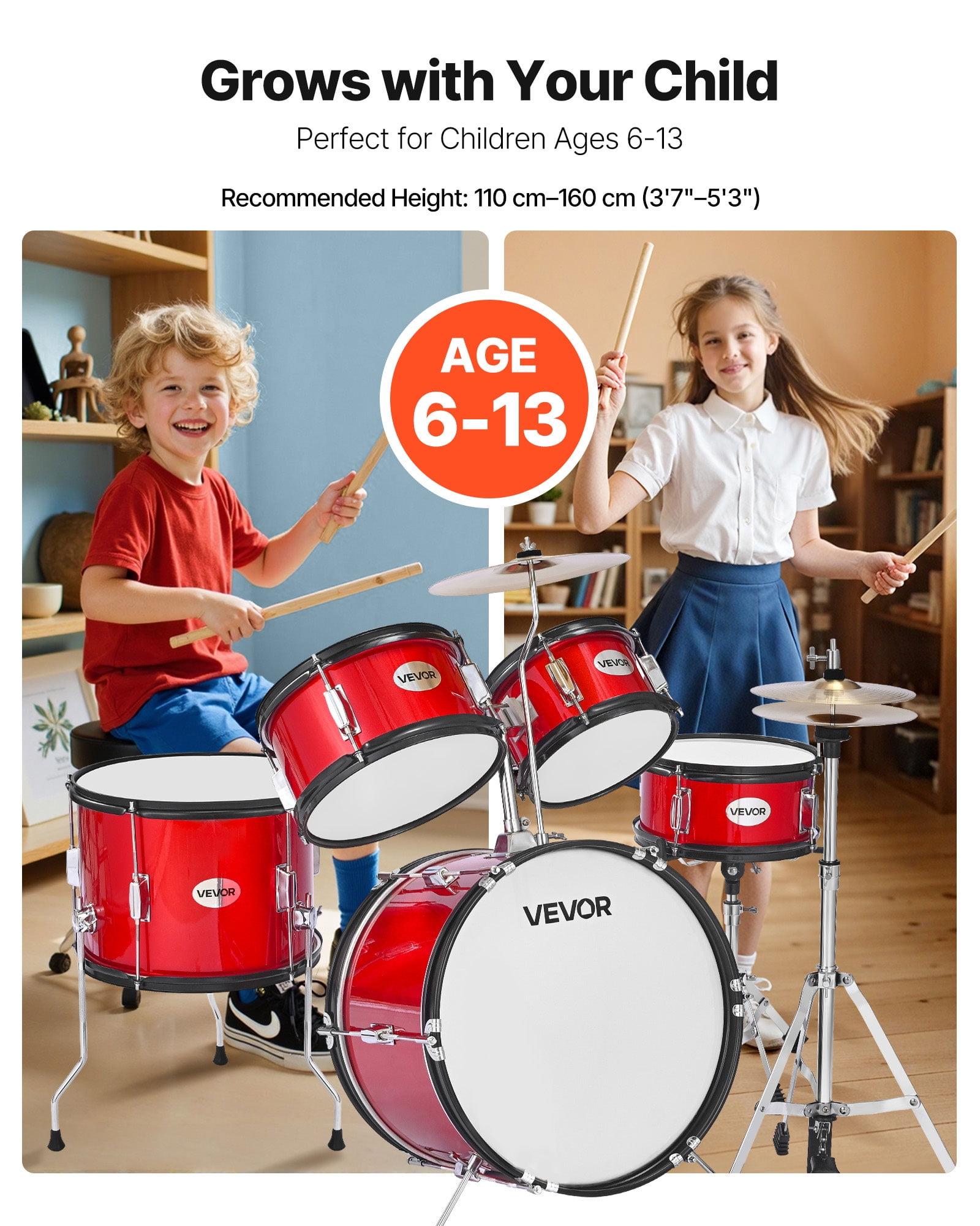 VEVOR Kids Drum Set, 5-Piece 16 in Junior Drum Sets, Beginner Drums Set with Adjustable Throne, Cymbal & Two Pairs of Drumsticks(Red)