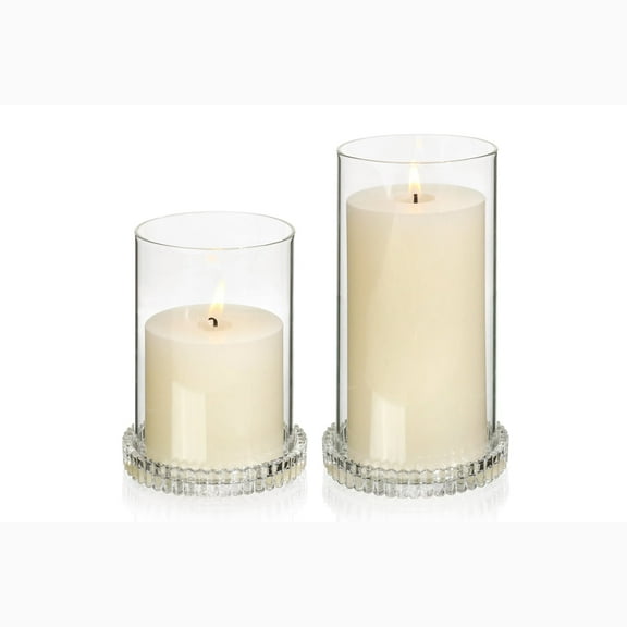 HofferRuffer Glass Hurricane Candle Holders, Set of 2 Round Candle Plate with 5.1" 7.1" Tall Clear Cover for Pillar Candles, Outdoor Wedding Decor