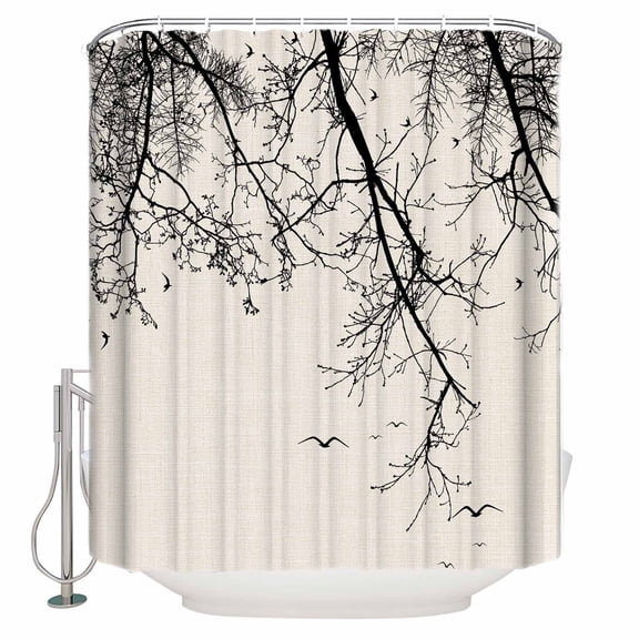 Fabric Shower Curtain, Black Silhouette of Birds and Tree Branches Beige Shower Curtains with 12 Hooks Waterproof Machine Washable Bath Curtains for Bathroom,54 x 78in