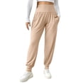 thumbnail image 3 of ClodeEU Women's High Waisted Smocked Waist Jogger Pants,Casual Loose Fit Joggers with Elastic Cuffs Beige,Women's Plus L, 3 of 9