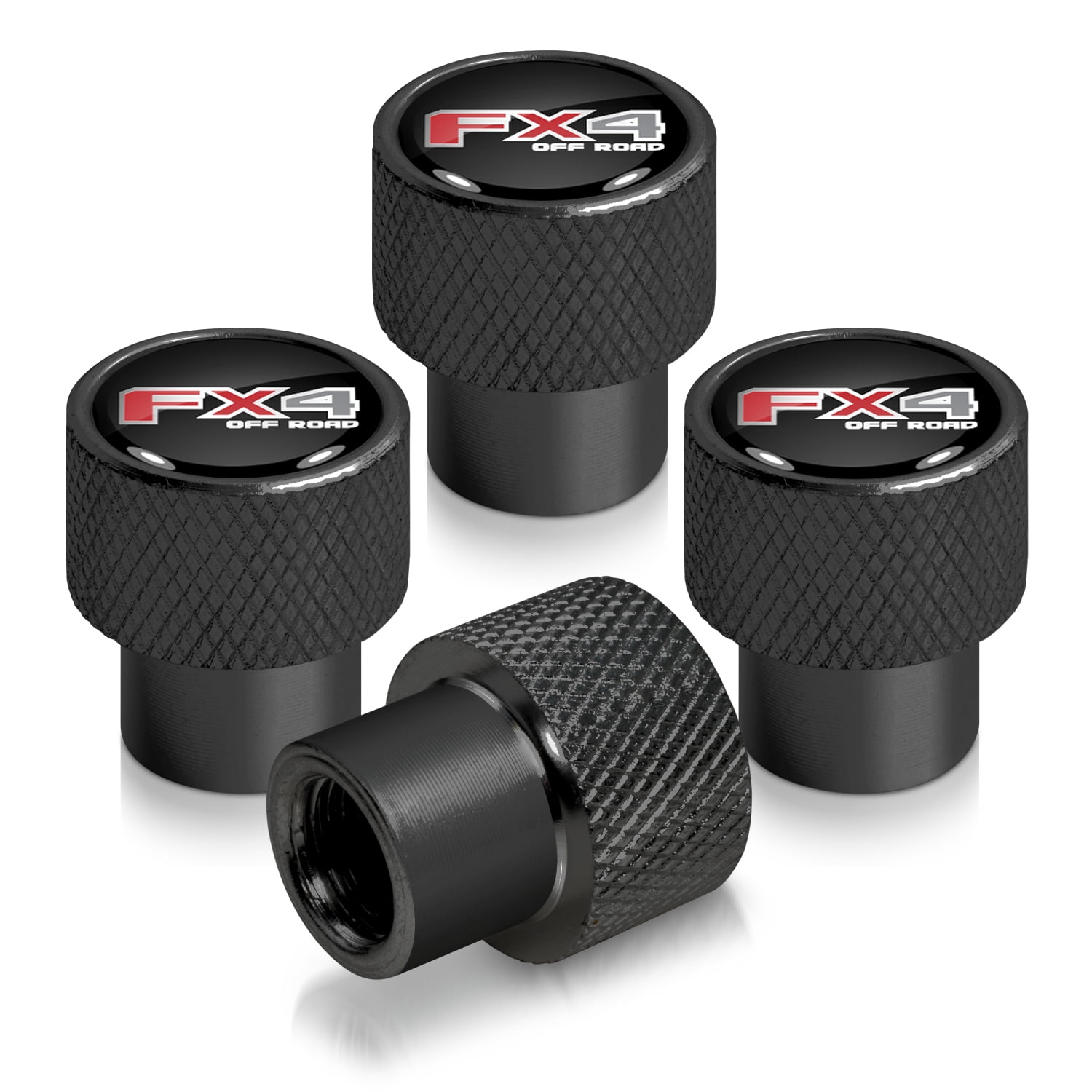 Ford F150 FX4 Off Road in Black on Black Aluminum Tire Valve Stem Caps
