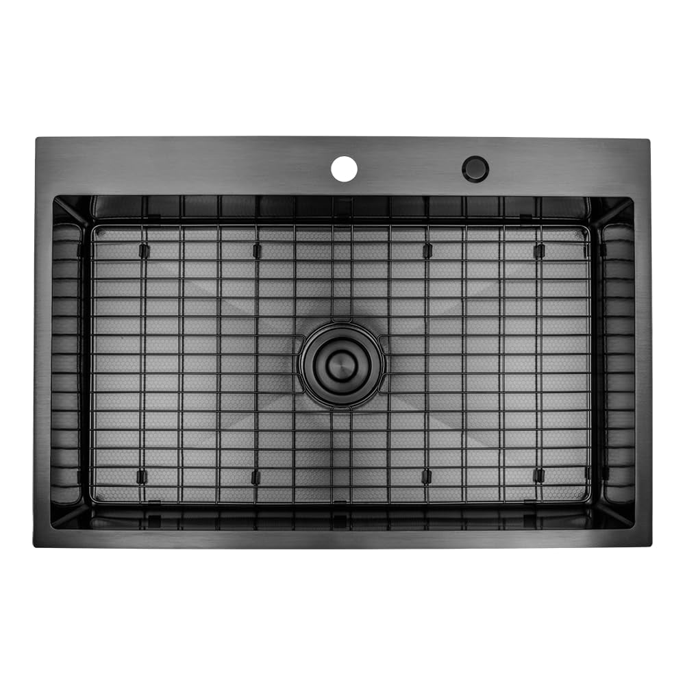 Strictly Sinks Dual Mount Workstation Kitchen Sink – 33 Inch 16 Gauge Embossed Hexagon Texture Kitchen Sink with Grid, 1 Strainer Drain, 1 Garbage Disposal Adapter & Clips (Black