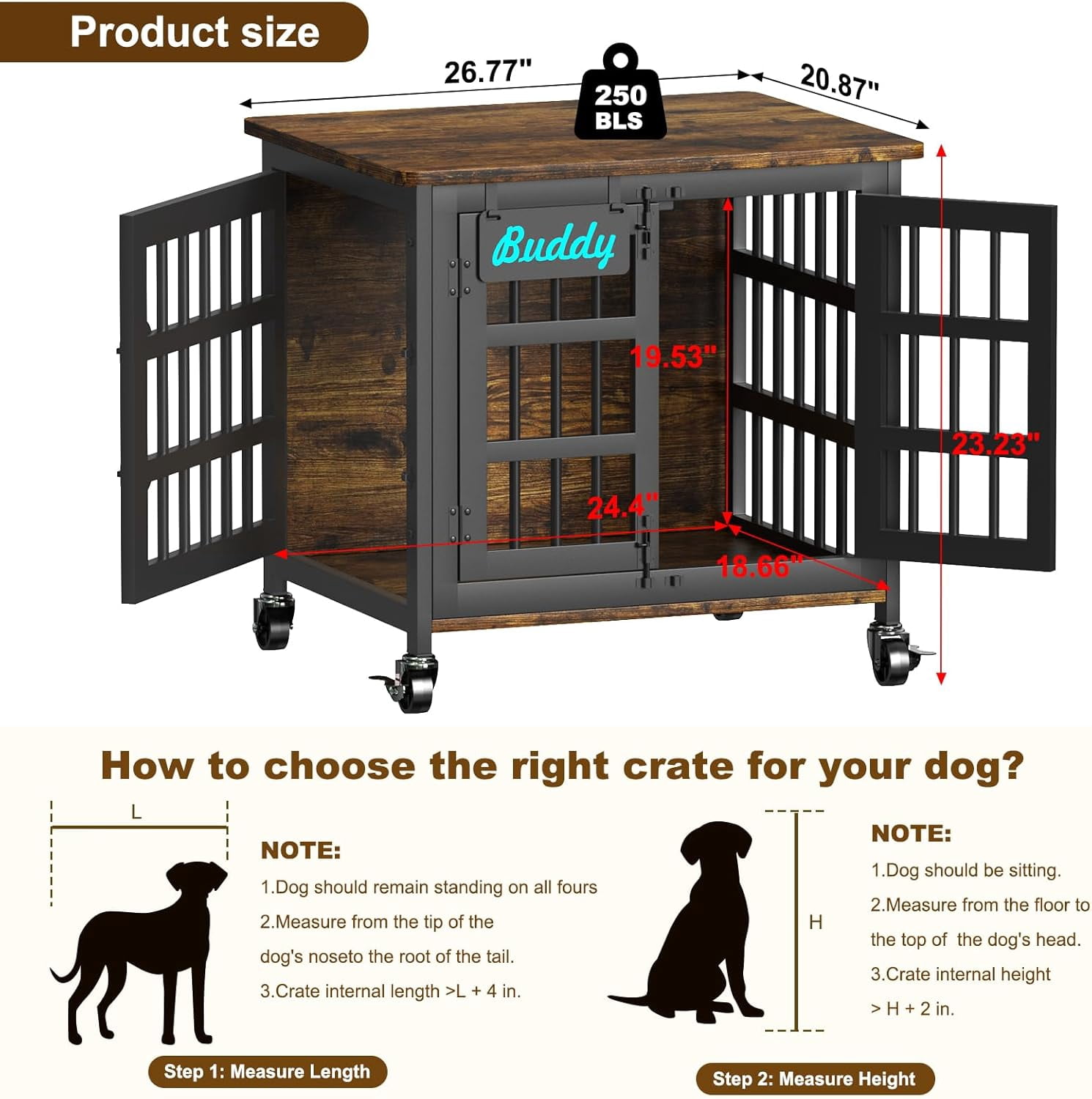 POAO 27"Dog Crate Furniture with Name Tag,Heavy Duty Dog Kennel Indoor for Small Dogs,Double-Door Sturdy Furniture Style End Table for Anxiety Dog