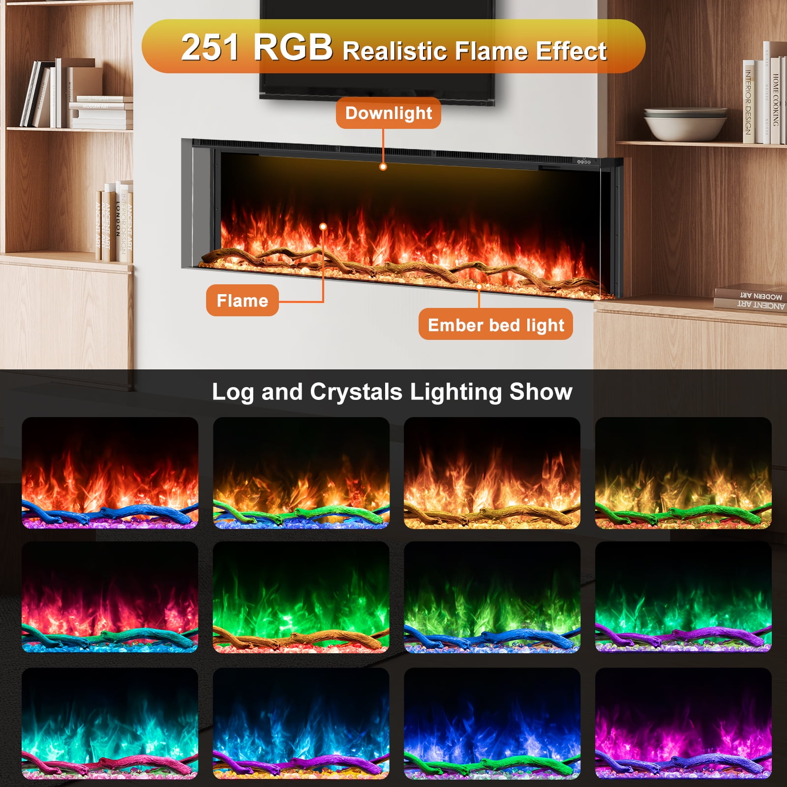 OSEYM 3 Sided Electric Fireplace 80 inch, Smart Built-in Linear Fire Places Heater 1500/750W with 251RGB LED Flames, APP & Remote Control, Cracking Sound, Timer, Log & Crystal