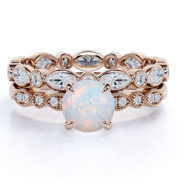 JeenMata 1.50 ct Real Round Blue Opal and Moissanite Engagement Ring Set in 18K Rose Gold over Silver