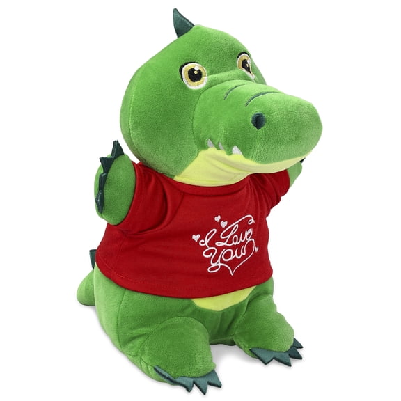 DolliBu I LOVE YOU Snug-Mooshies Standing Alligator Plush- Cute Gator Plush Stuffed Animal with I Love You Red Shirt For Valentine, Anniversary, Romantic Date, Boyfriend, or Girlfriend Gift - 10 inch