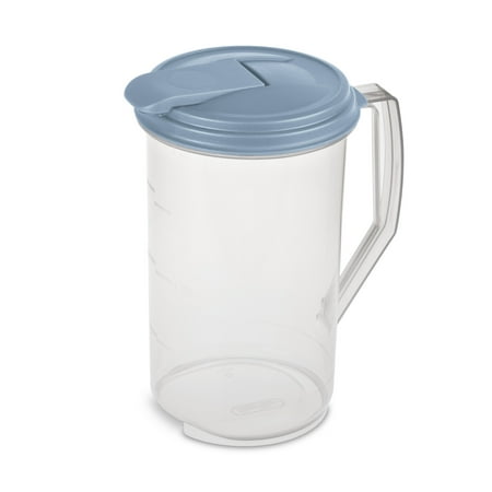 Sterilite 2 Quart Round Pitcher, Clear Plastic, Flip-top Spout, Light Blue