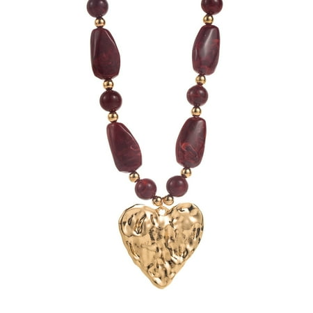 Firefly Hope Women Chunky Statement Choker Necklace, Colorful Resin & Acrylic Beaded with Gold Puffy Heart, Trendy Fashion Jewelry, Dark Red