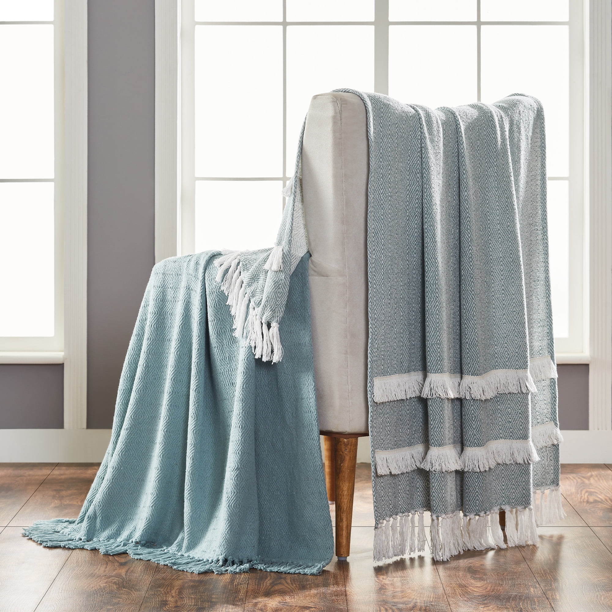 Modern Threads Modern Blue,White,Multi-Color Geometric Cotton Knit Throws , 60" x 50" , Reversible 2 Count