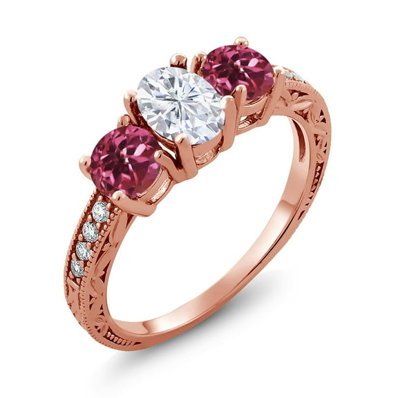 Gem Stone King 18K Rose Gold Plated Silver Pink Tourmaline Ring Set with Moissanite (2.06 Cttw) (Size 5)