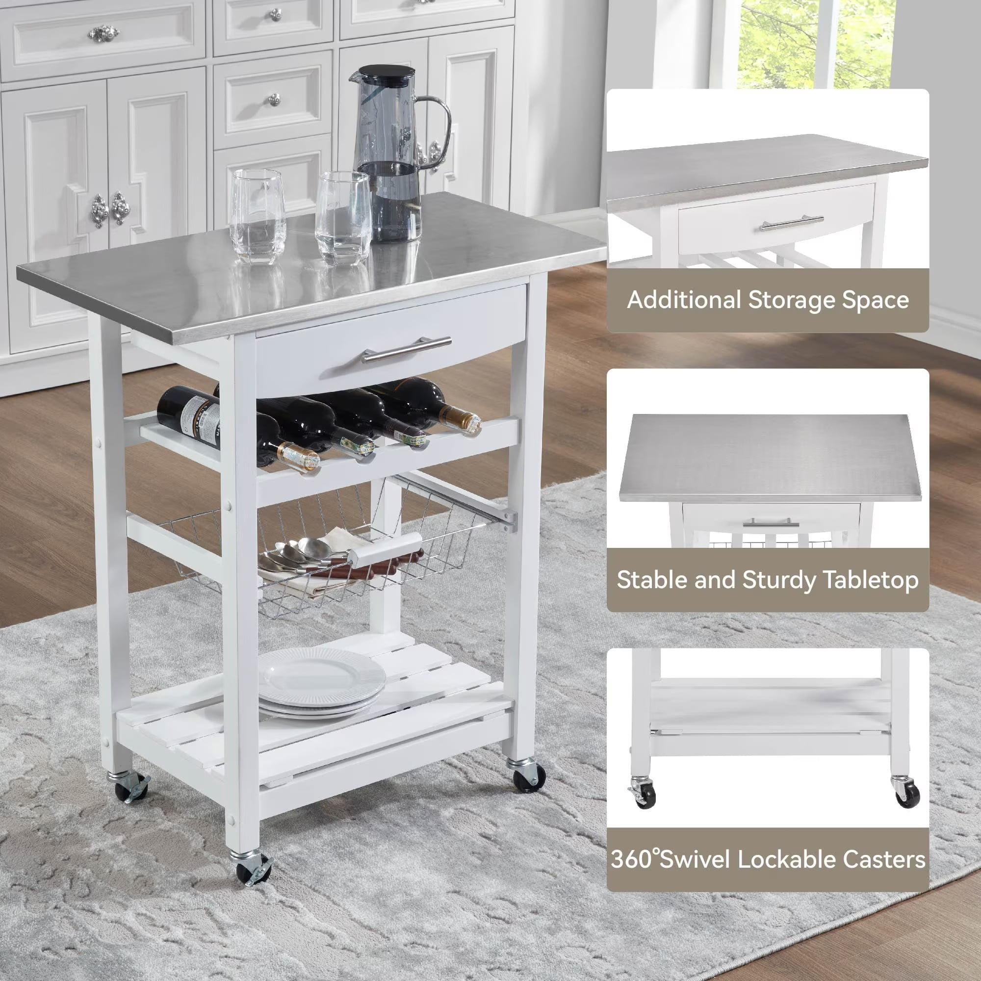 Avobird Kitchen Island Cart, Mobile Kitchen Cart with 30inch Stainless Steel Countertop/Underneath Drawer/Slide-Out Wire Storage Basket, White