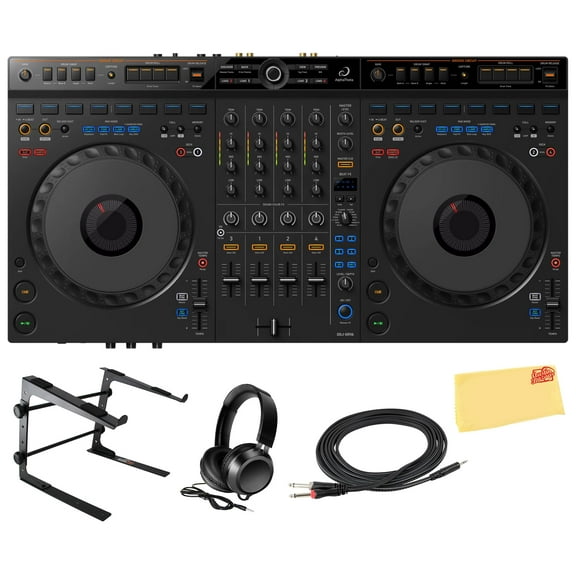 AlphaTheta DDJ-GRV6 4-Channel Performance DJ Controller Bundle with Laptop Stand, Headphones, TRS-to-Dual-TS Stereo Breakout Cable, and Austin Bazaar Polishing Cloth