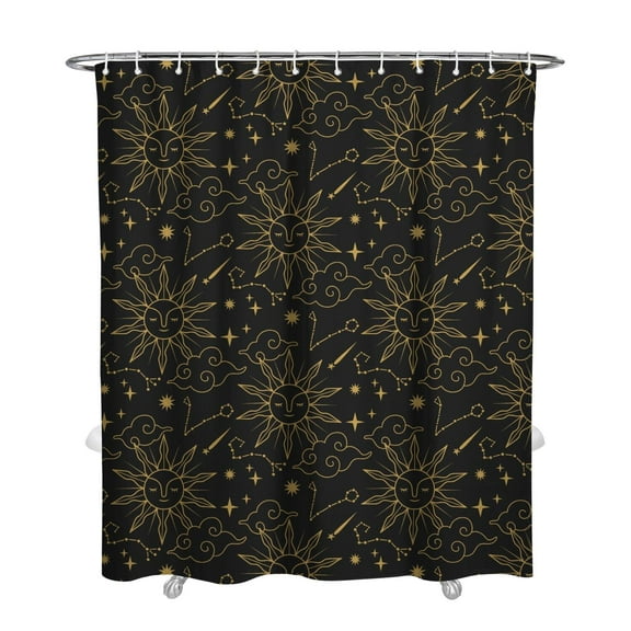 Gothic Spiritual Shower Curtain, Astrology Celestial Design with Golden Stars, Moon and Sun Pattern, Aesthetic Witchy Fabric, 72x84 Waterproof with Hooks for Bathroom