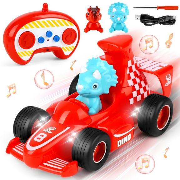 Beefunni Remote Control Car for Kids, Dinosaur Toy RC Car with Light & Music , Birthday Gift for 3 4 5 6   Years Old Toddlers Boys Girls (Red)