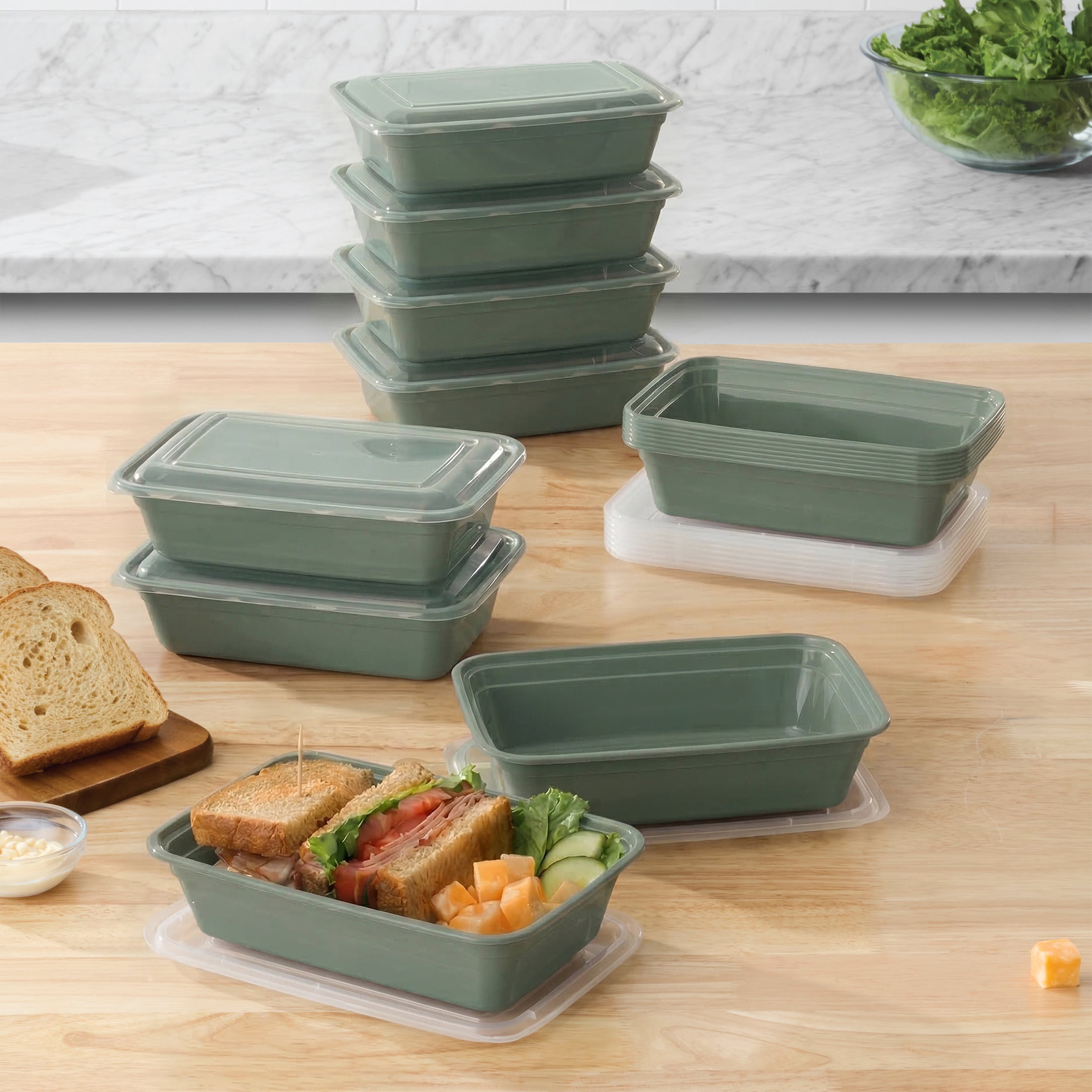 Mainstays 15-Pack 1-Compartment BPA-Free Plastic Meal Prep Food Storage Containers, Green Sage