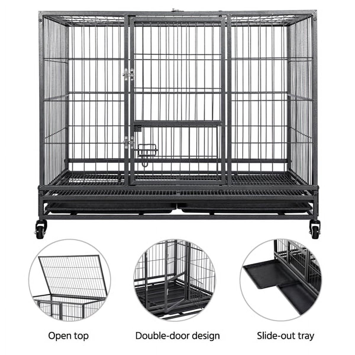 43'' Rolling Dog Crate Metal Large Dog Cage Kennel Feeding Door w/Tray Black