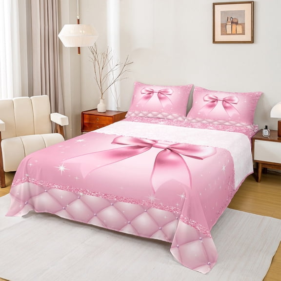 Castle Fairy Cartoon Ribbon Bow Twin Sheet Sets 3pcs for Kids Children Teens,Bling Pink Glitter Twin Fitted Sheet Microfiber,Geometric Plaid Breathable Flat Sheet,Ultra Soft Home Decor