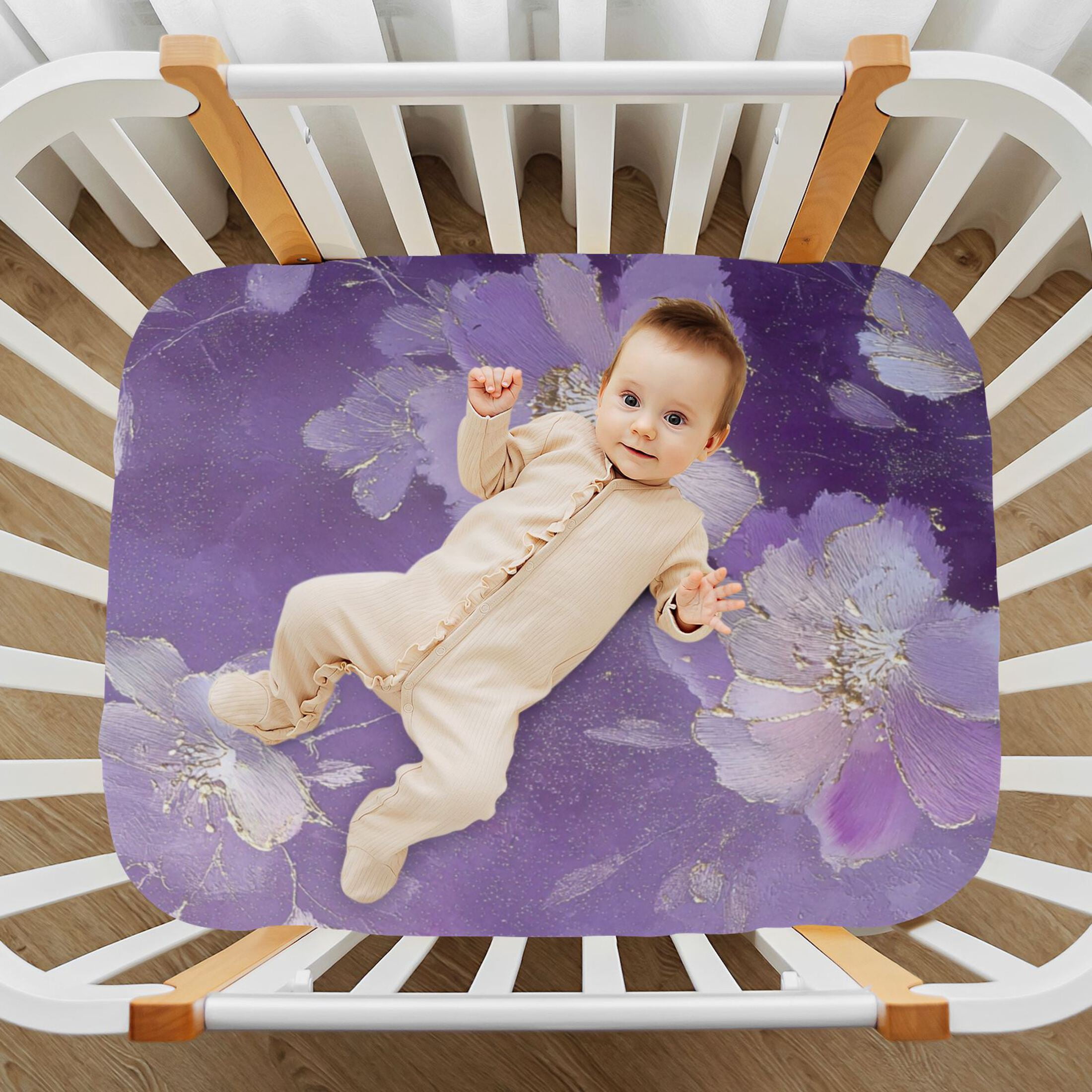 Baby Essentials 52”x 28”- Standard Cotton-like Modal Elastic- Purple Flower Pattern Design Crib Sheets for Newborns and Toddlers