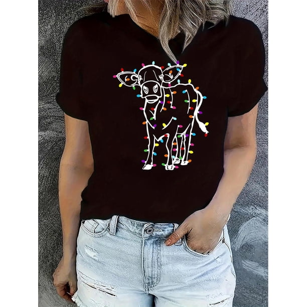Camiseta con estampado gráfico de vaca y bombilla festiva | Camiseta informal y cómoda de cuello redondo | Tejido de punto de algodón | Top elegante de temporada para mujer | Camisa de manga corta con