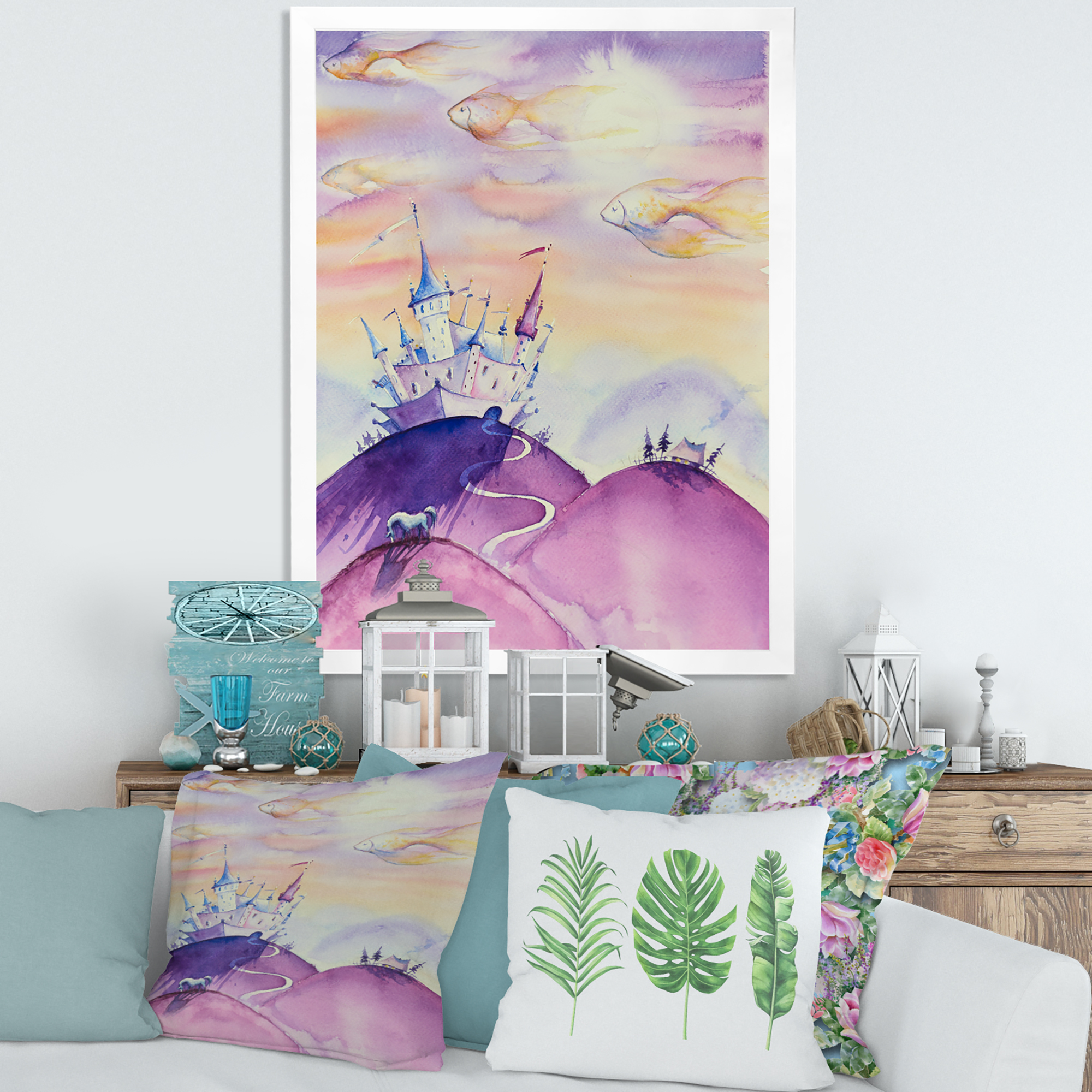 Designart 'Fairy Tale Kingdom Palace On Purple Mountain Top' Children's Art Framed Art Print