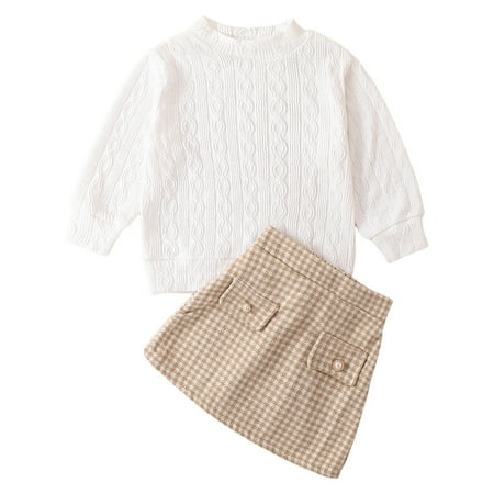 

OAUP 2PCS Toddler Girls Outfit Sets Long Sleeve Long Sleeve Solid Color Colour Ribbed Tops Plaid Skirt Outfits Set Kids Clothes Fall Leisure Fashion Outfit 3-8Y