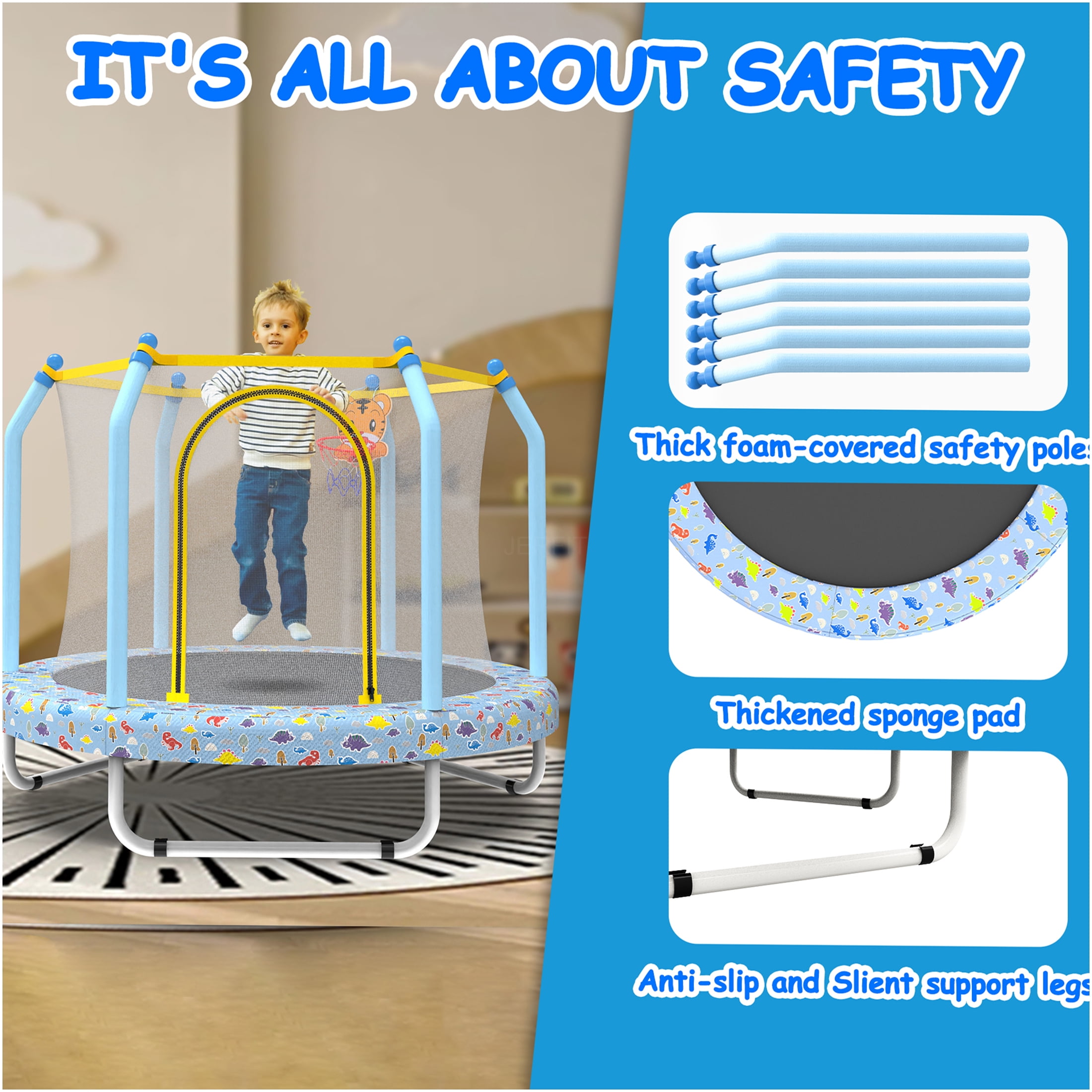 JERFIT 55" Kids Trampoline with Basketball Hoop, ASTM Certified Indoor/Outdoor Jungle Themed Bouncer for Toddlers with Safety Enclosure Net