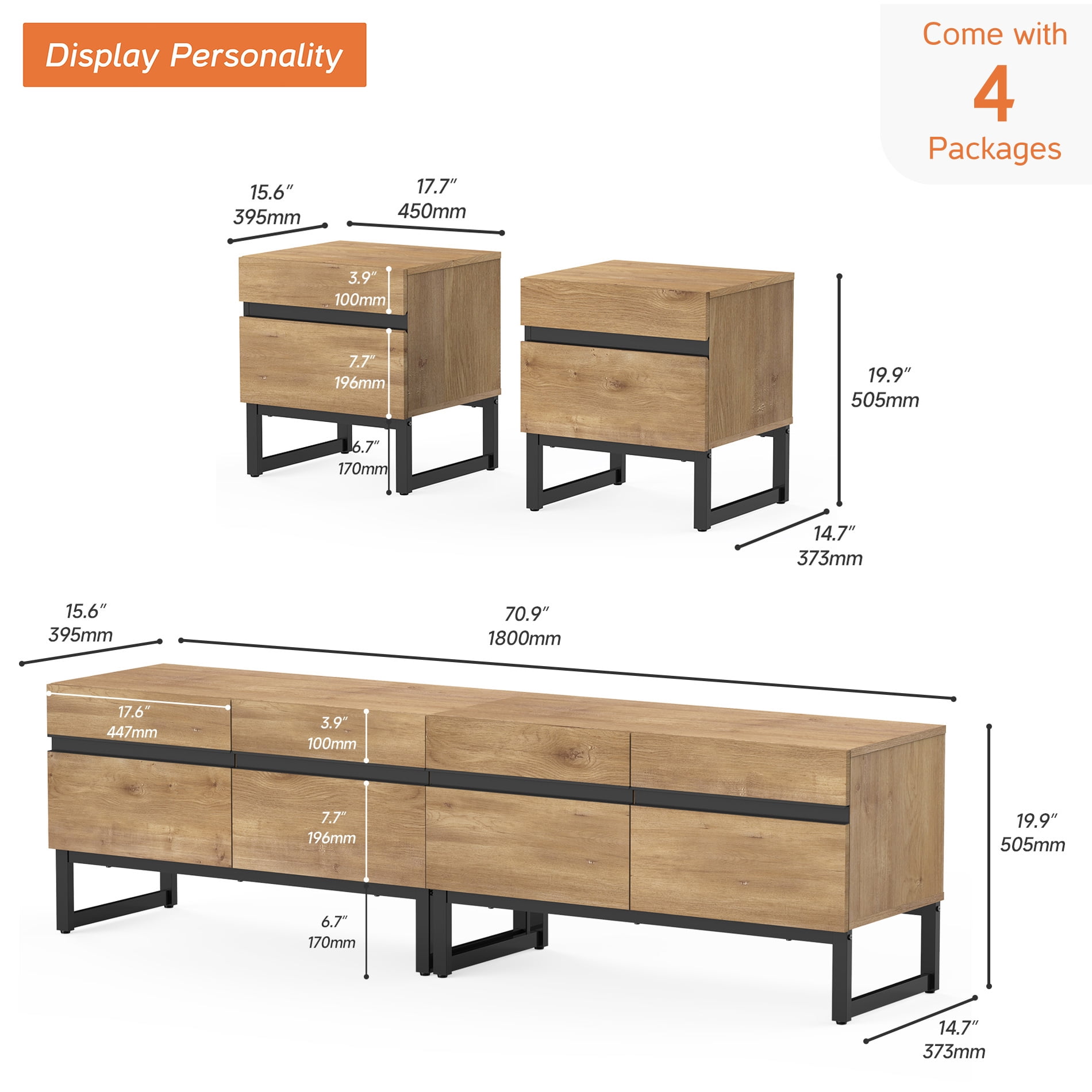 Modern 3-Piece Living Room Set, 71 Inch TV Stand And 2 End Table Sets With 2 Drawers, Media Console with Storage Shelves, Sturdy Wood Frame & Metal Legs, Contemporary Furniture for Living Room,Oak