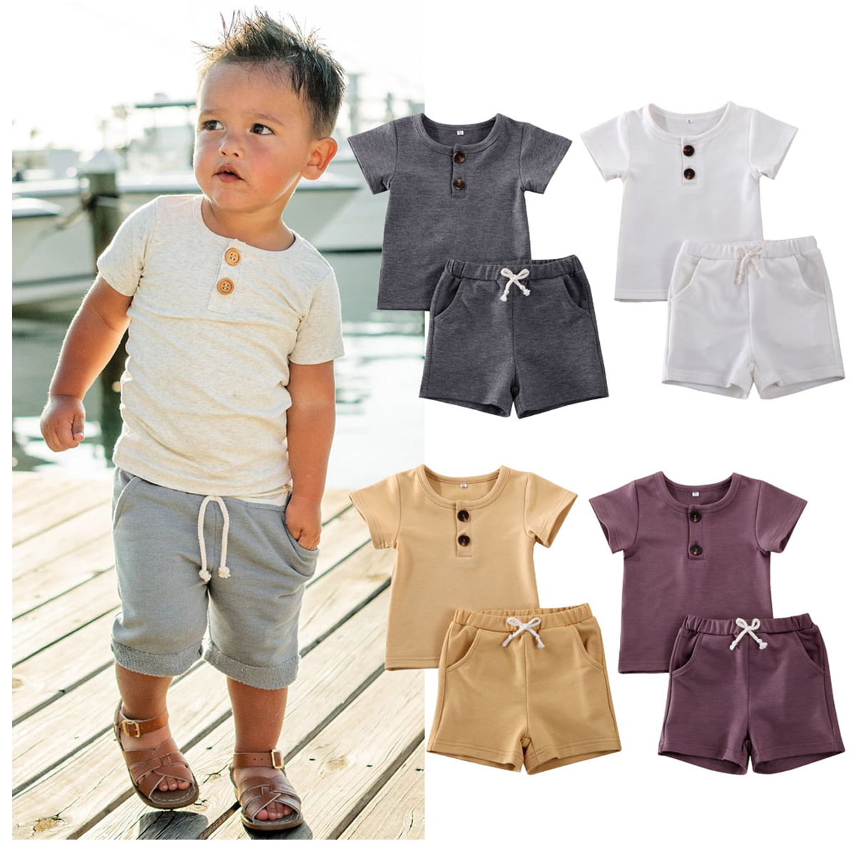 2PCS bébé Garçons Coton Vêtements Tenues T-shirt tops long Bib Pants Set US 