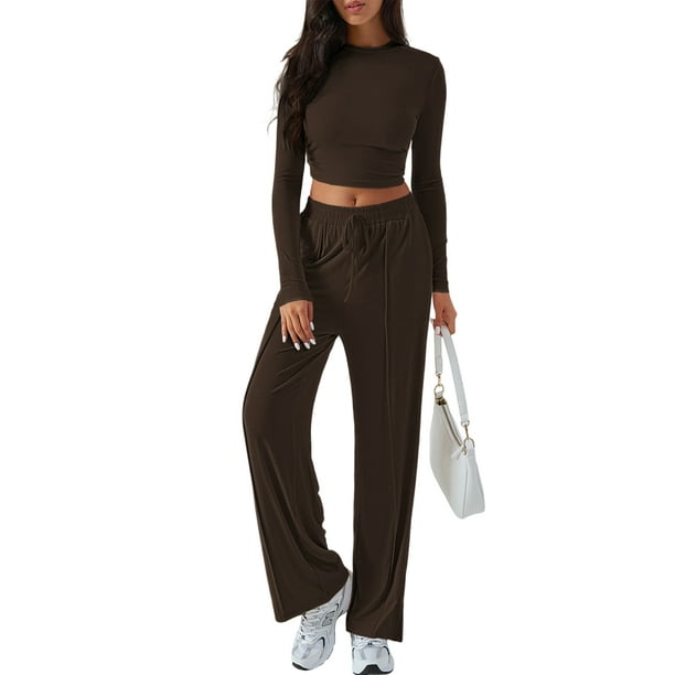 Conjunto Deportivo Y2K de Dos Piezas para Mujer, con Larga, Top Ajustado y Pantalones Anchos, Ideal para y Otoño Café XL