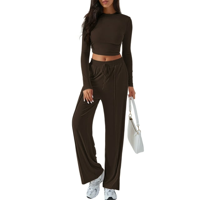Conjunto Deportivo Y2K de Dos Piezas para Mujer, con Larga, Top Ajustado y Pantalones Anchos, Ideal para y Otoño Café M