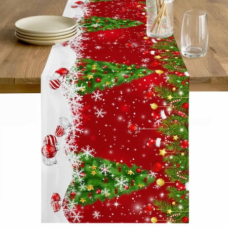 Christmas Tree Table Runner 72 Inches Long Farmhouse Dress Scarves Red Winter Pine Branches Balls Snowflakes Dining Tablerunner for Coffee Table/Kitchen Island/Party D&eacute;cor 13 x 72