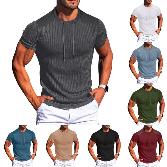 BRGZLK Work Shirts For Mens Short Sleeve Shirts Round Neck Solid Color Splicing Ribbed Knit Fitness Workout Muscle Gym Tees Cotton Athletic Lightweight Tops