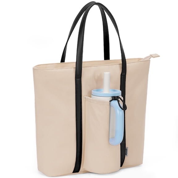 Beach Bag with Cup Holder, Tote Bag for Women Work Tote Bags, Casual Tote Shoulder Bag, Top Handle Handbag for School Travel, 15L, Khaki