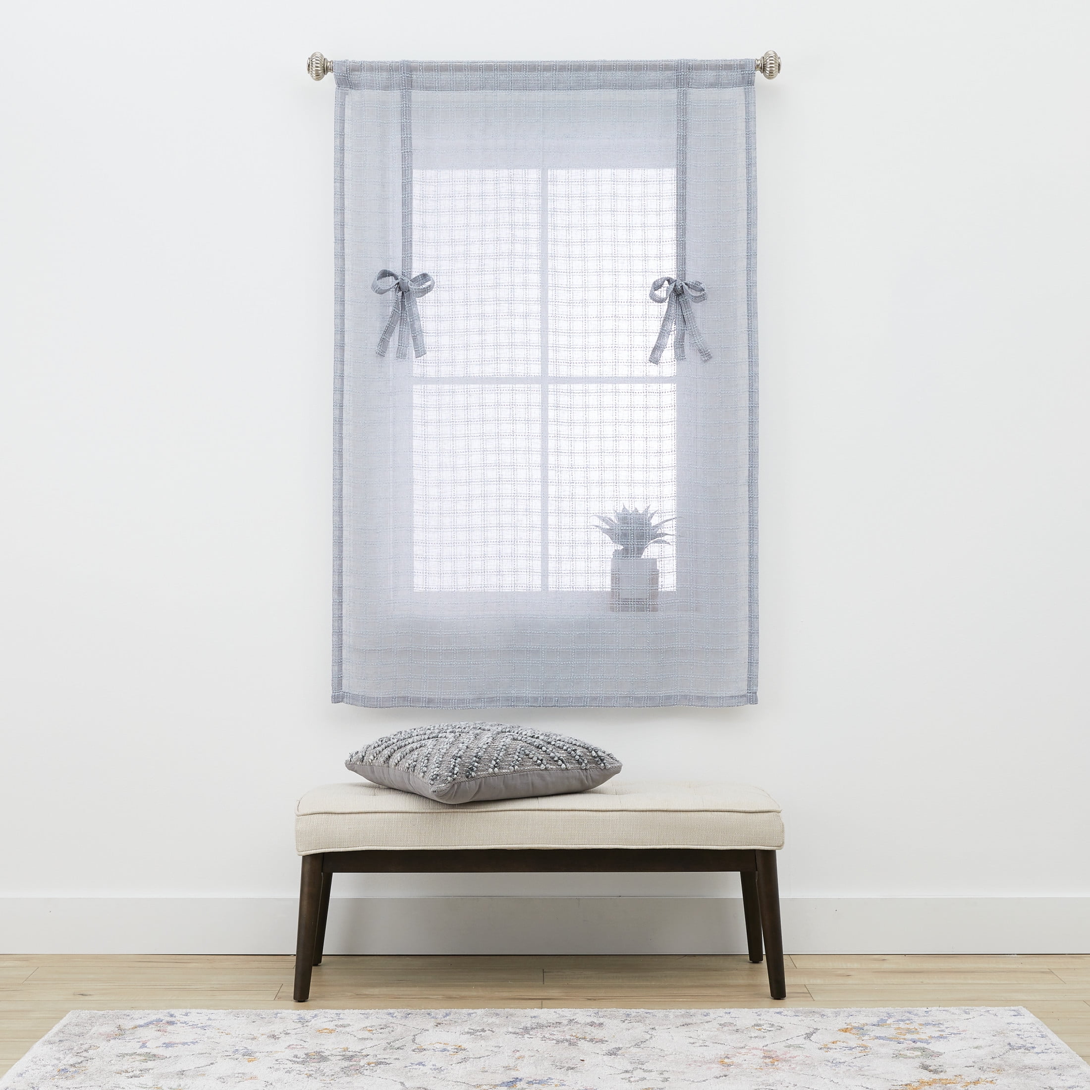 (3 pack) Better Homes & Gardens Sheer Windowpane Stitch Balloon Shade Curtain Panel, Soft Silver, 50" W x 63" L