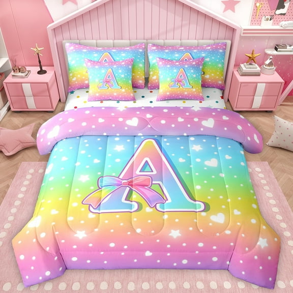 Homewish Cartoon Bowknot Monogrammed Twin Bedding Sets 7-Piece, Initial A Letter Bedding Comforter Set, Glitter Stars Rainbow Reversible Sheet Sets, Microfiber Bedroom Decor