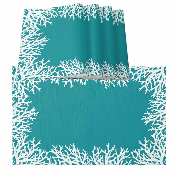 Aqua Coastal Coral Placemats for Dinning Table Set of 6, White Ocean Marine Sea Nautical Beach Burlap Kitchen Place Mats Waterproof Cloth Table Mats, Indoor Outdoor Placemats Easy Clean Dinner Decor