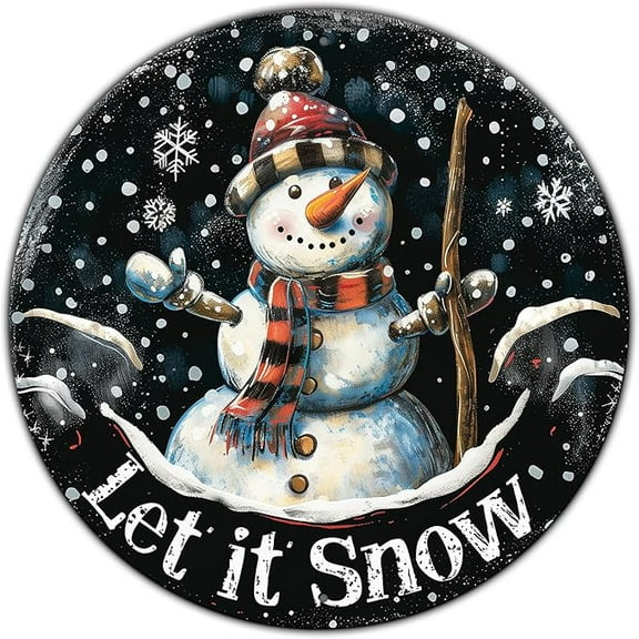 Let It Snow Snowman Sign Winter Welcome Farmhouse Christmas Metal Tin Sign for Outdoor Outside Porch Rustic Snowflakes Wreath Wall Hanging Decoration 8 Inch