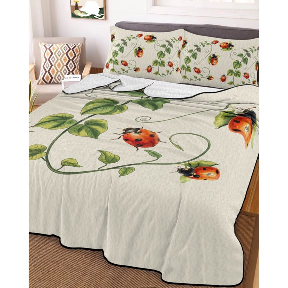 King Quilt Bedding Set, Spring Seven Star Ladybirds on Beige Lightweight Coverlet Summer Comforter Set Soft Microfiber Bedspread, Green Leaves 3 Piece Quilt Set with 2 Pillow Shams