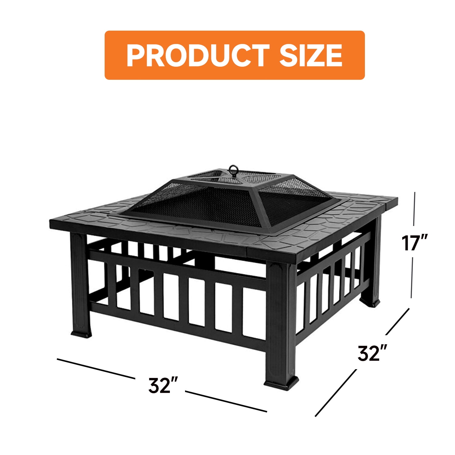 32" Heavy Duty Square Patio Wood Fire Pit Table with Spark Screen Cover, Log Grate, Waterproof Cover and Fire Poker for Outdoor Backyard, Garden, Bonfire