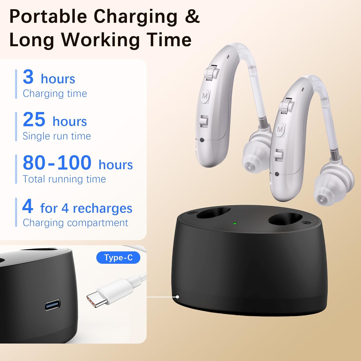 Hearing Aids for Seniors, Hearing Aids Rechargeable with Noise Cancelling and Volume Control, Hearing Amplifier for Adults Hearing Loss, Portable Behind-the-Ear Hearing Aid Headphones (silvery)