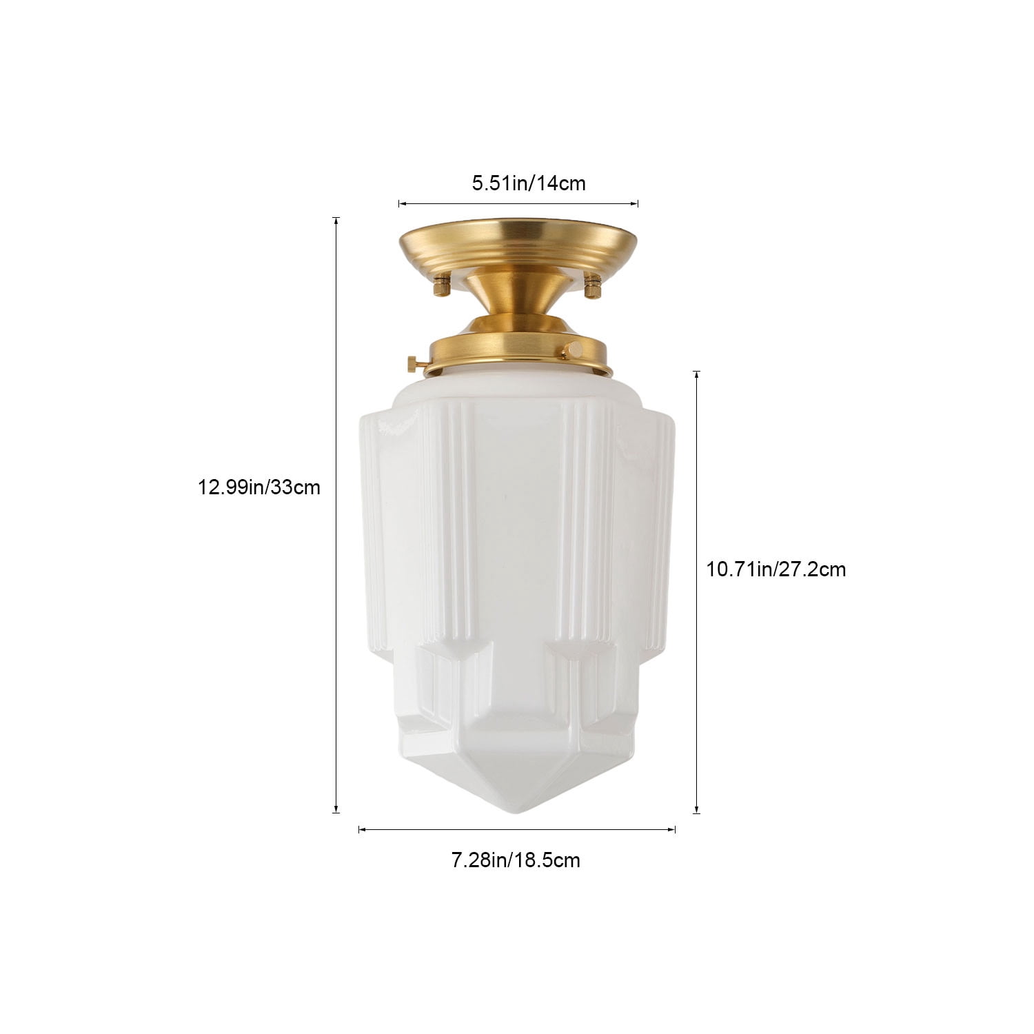 Art Deco Semi Flush Mount Ceiling Light – Close to Ceiling Light with White Ribbed Glass Shade - for Hallway, Dining Room & Entryway
