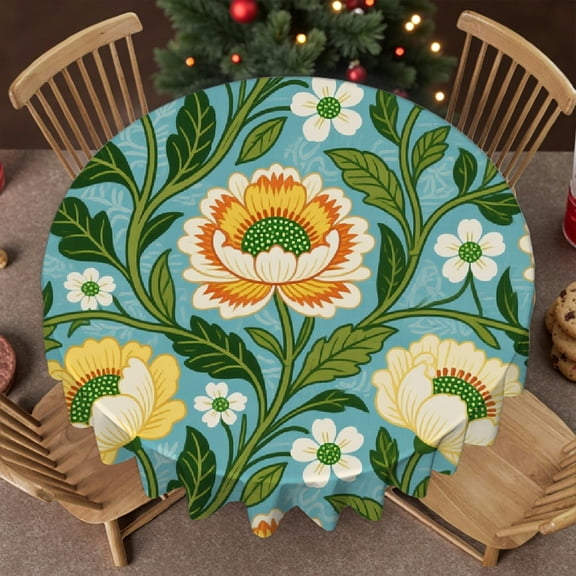 Green Flowers Chinoiserie Tablecloth for dining table, Festive Table Setting - Polyester Tablecloths tablecloths for round tables, Cafe, picnic,60x60 Inch