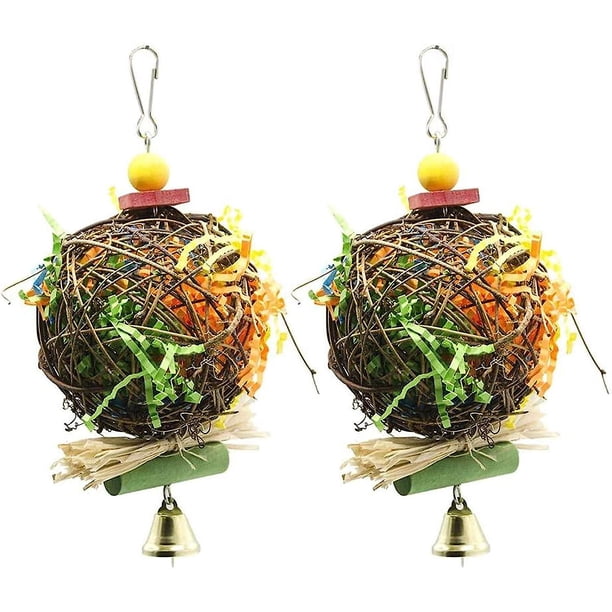 Paquete de 2 juguetes para masticar pájaros, trituradora de forraje, juguete, trituradora de jaula para loros, juguete colgante de forraje para cacatúa, conure, gris africano, Amazon