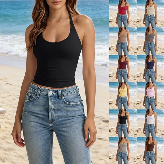 MuXiKeJi Clothes Womens Tank Tops Sexy Halter Neck Going Out Tops Summer 2026 Trendy Backless Workout Shirts Sleeveless Y2k Clothes