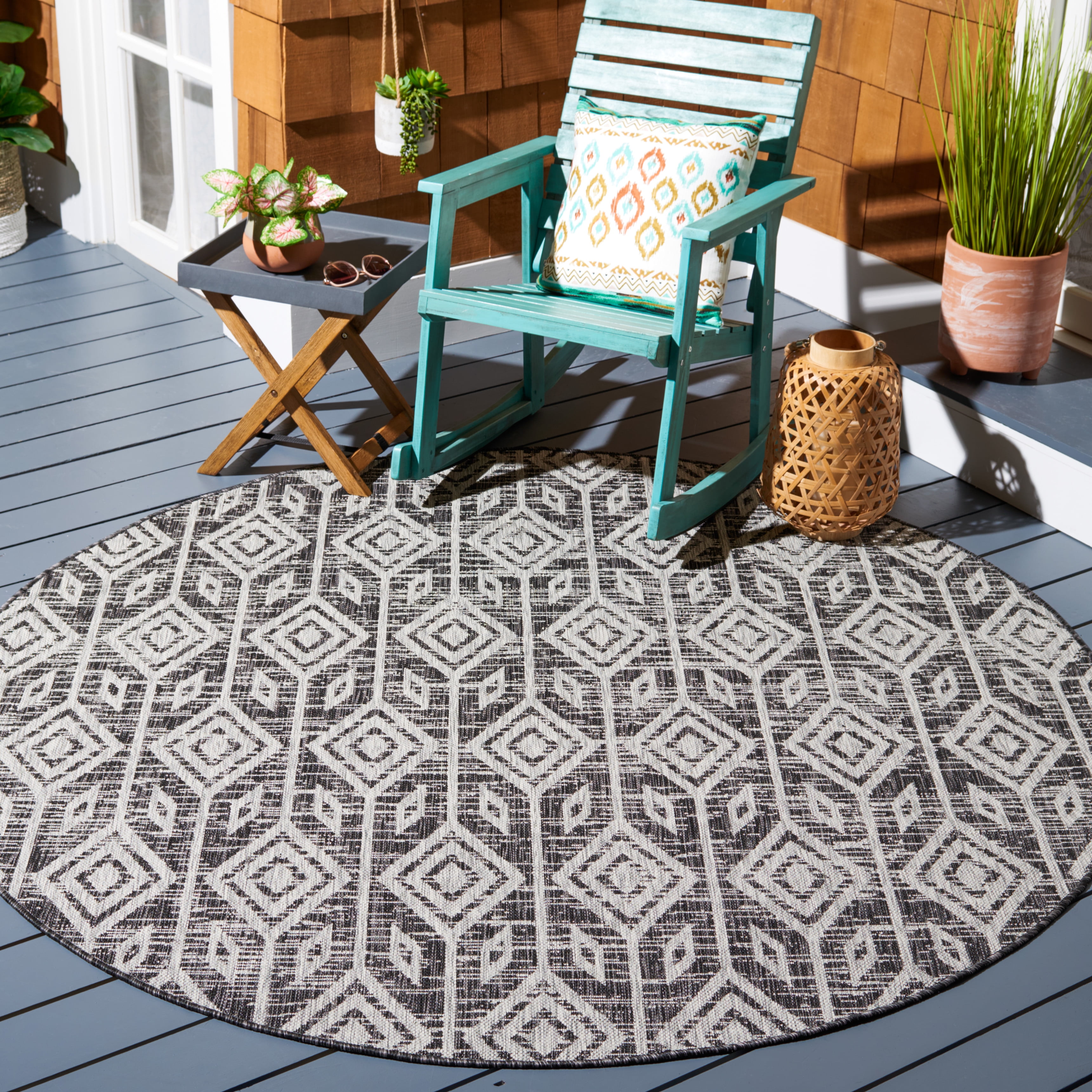SAFAVIEH Courtyard Beckah Geometric Indoor/Outdoor Area Rug, Black/Grey, 6'7" x 6'7" Round