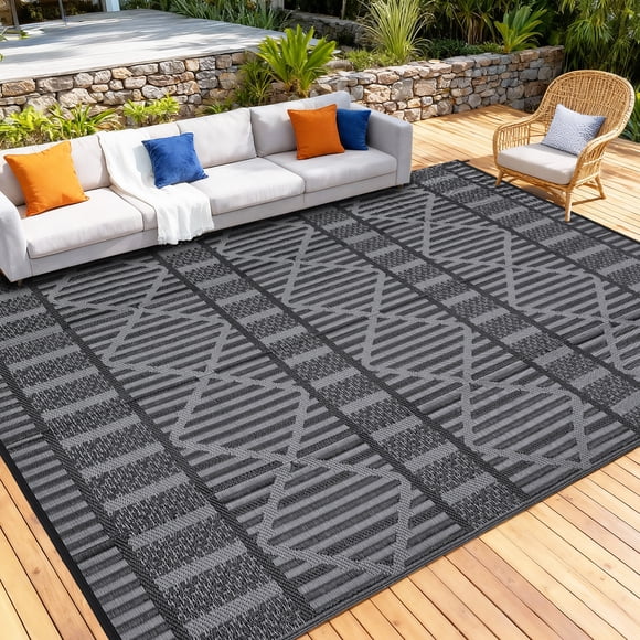 Nanan 9'x12' Geometric Outdoor Rug, All-Weather Waterproof Patio Mat, UV Resistant, Stain Resistant, Easy Clean Plastic Rug for Patio Garden RV Campsite,Black Grey