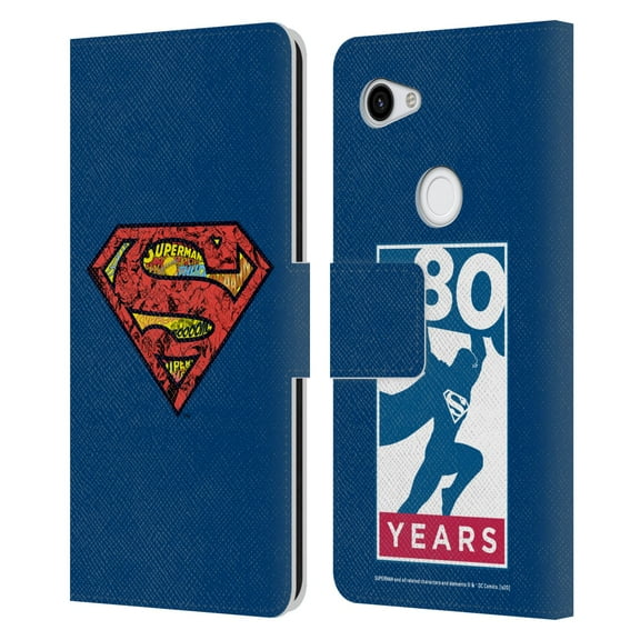 Head Case Designs Officially Licensed Superman DC Comics 80th Anniversary Logo Leather Book Wallet Case Cover Compatible with Google Pixel 3a