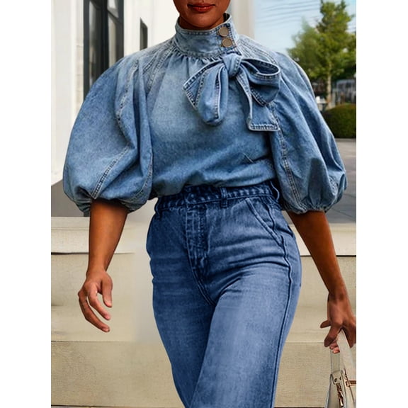ZOELNIC Women's Denim Blouse with Puff Sleeves & Bow Tie, Mock Neck Casual Jean Shirt, S